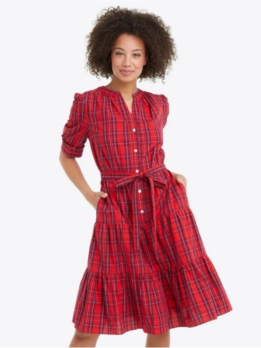 Draper James Red Plaid Button-Front Midi Dress with Tie Waist